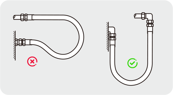 当弯曲半径太小时，建议使用直角接头，以避免软管急转弯。